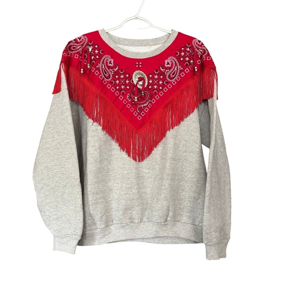 Western Cowgirl Fringe Sweatshirt XL Handkerchief Bandana Hanes Rodeo Ranch - Picture 1 of 6
